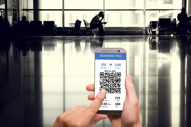 Screenshot of boarding pass, QR code, Airport, Airplane, Travel 